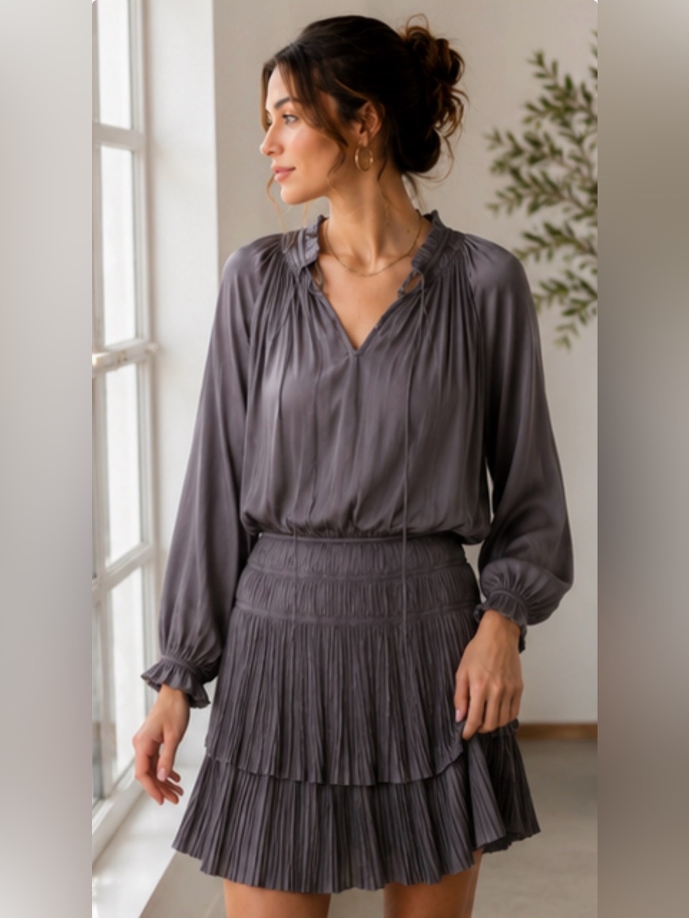 Current Air Anthropologie Aurelie Pleated Soft  TAUPE GREY Mini Dress size M